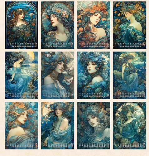 Vista 2 de Calendario de pared 2025 [12 páginas de 8 x 12 pulgadas] Hermosas mujeres con vestidos azules rodeados de flores increíbles vintage Art Nouveau