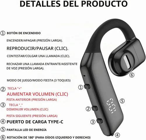 Vista 3 de Auricular Bluetooth V5.3 Auricular Bluetooth de un solo oído, con cancelación de ruido y compatible con micrófono, tiempo de conversación de 30