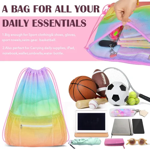 Vista 5 de Mochila de malla con cordón, bolsa de gimnasio deportiva grande para mujeres y niños con bolsillo y cremallera para playa, yoga, fútbol, fútbol, Con