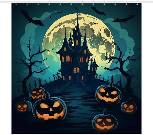 Vista 7 de Cortina de ducha de Halloween, bonita cortina de ducha de poliéster impermeable con 12 ganchos
