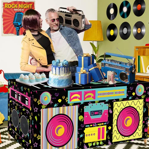 Vista 6 de Mantel rectangular de 6 pies de los años 80 y 90, con estampado de altavoz estéreo de radio retro, funda de mesa de tela lavable para cumpleaños