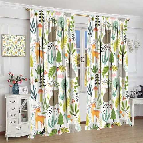Vista 4 de Cortinas opacas de animales de safari para niños, lindos dibujos animados de animales salvajes, ciervos, hongos, árboles, cortinas para decoración