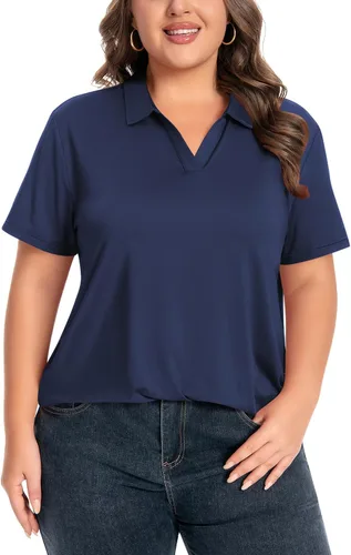 Vista 10 de Idtswch Camisa polo de manga corta con cuello en V para mujer, de secado rápido, UPF 50+, informal, para trabajo, golf, talla XL - 6XL