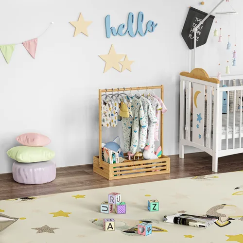 Vista 5 de BAMBOOHOMIE Perchero para Ropa de Bebé para Niños Pequeños, Perchero para Ropa de Mascotas con Caja de Almacenamiento y Barra Colgante Ajustable