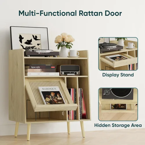 Vista 4 de Semiocthome Soporte para tocadiscos con almacenamiento de vinilo, mesa de tocadiscos con estante de almacenamiento, soporte giratorio con puerta