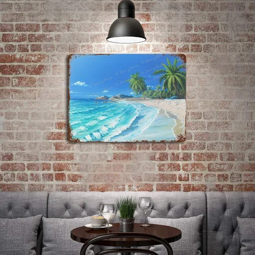 Vista 4 de Zomyto Letrero de metal con diseño de palmera de verano, imagen tropical de playa y mar y océano, pintura de paisaje marino, retro, para baño, sala