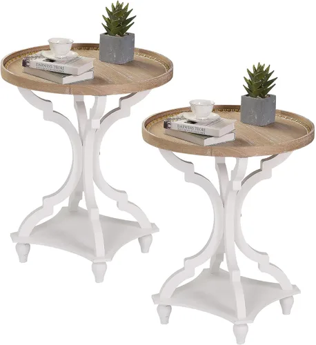 Vista 9 de Wnutrees Mesa auxiliar redonda de estilo granja, mesitas de noche rústicas para sala de estar, bandeja de madera, acabado artesanal, juego de 2