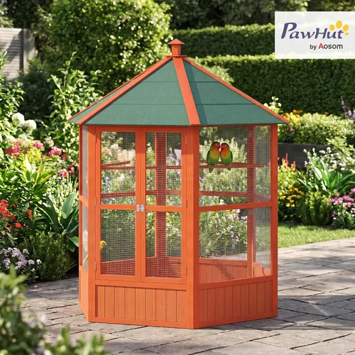 Vista 2 de Jaula para aves PawHut de 69 pulgadas, grande, hexagonal, de madera, para exteriores, con techo cubierto, color marrón