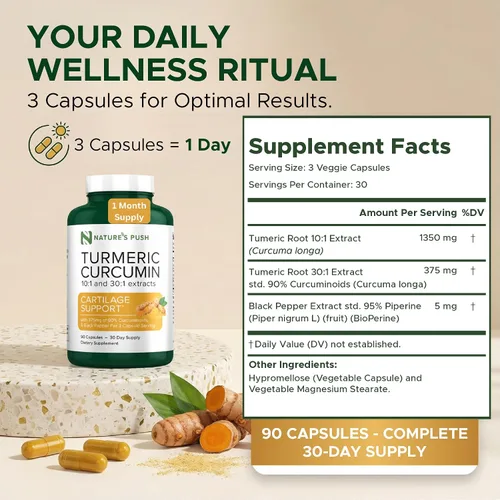 Vista 6 de Nature's Push Curcumina de cúrcuma súper potente 30:1 Extracto 30:1 375 mg 90% curcuminoides, 1,350 mg de raíz de cúrcuma 10:1 más pimienta negra