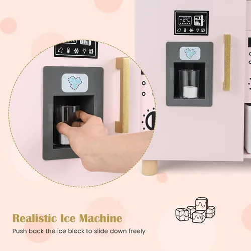 Vista 5 de INFANS Juego de cocina para niños, juego de juguetes de cocina de madera para niños pequeños con tablero de dibujo acrílico, máquina de hielo