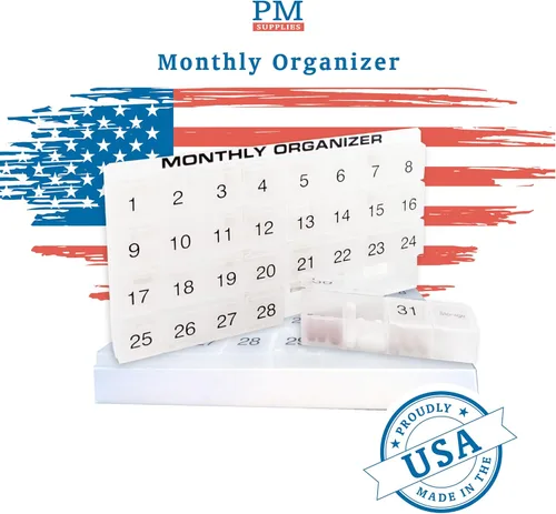 Vista 5 de Organizador de pastillas mensual 31 compartimentos, 1 por día, 4 semanas, organizador de pastillas completo de 31 días Incluye bandeja y 8