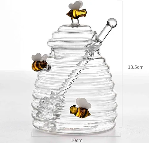 Vista 6 de PHEZEN Tarros de miel con tapa y tapa con tapa y tarro grande de vidrio con estatua de abeja, recipientes de miel, dispensador de miel de vidrio