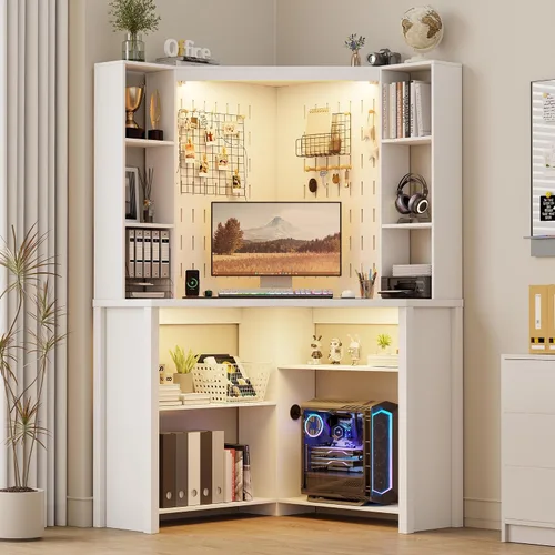Vista 8 de Escritorio esquinero para computadora con luces LED, escritorio de estudio en forma de L con gabinete y estantes, escritorio triangular para oficina