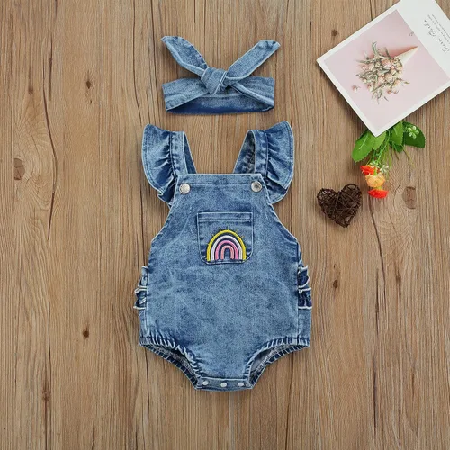 Vista 2 de Yoawdats Mameluco de mezclilla de Pascua para bebé niña, traje de mezclilla con manga de mosca + gorro, conjunto de regalo para bebé arcoíris