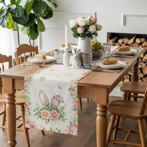 Vista 3 de Camino de mesa de Pascua de 36 pulgadas con orejas de conejo para decoración de mesa de cocina y comedor con flores de primavera