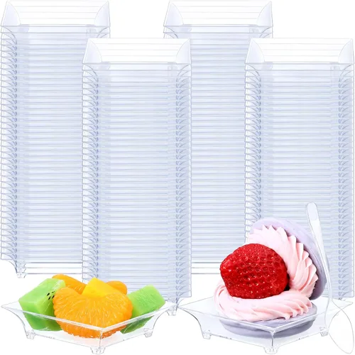 Vista 8 de 300 piezas de mini platos de postre de plástico transparente para aperitivos, plato desechable pequeño con 300 cucharas de degustación, cuadrado, 1
