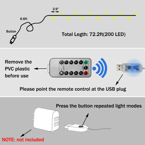 Vista 5 de Guirnalda de 200 luces LED de Navidad con control remoto, 8 modos de luces parpadeantes USB impermeables para patio, hogar, jardín, decoración