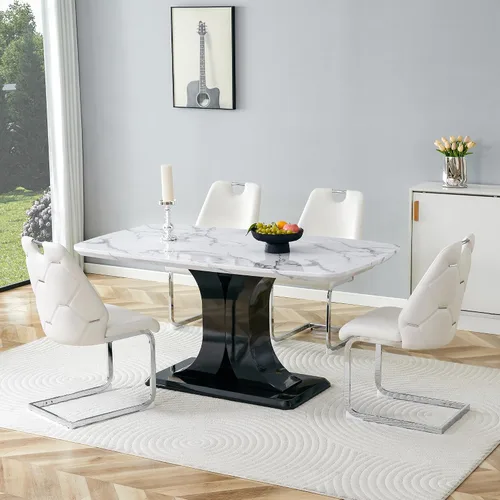 Vista 16 de Juego de mesa de comedor moderno para 4, juego de sillas de mesa de cocina de mármol sintético, mesa rectangular de MDF de 63 pulgadas, sillas Negro