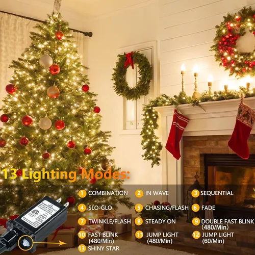 Vista 3 de Guirnalda de 100 luces LED conectables para interiores y exteriores, luces de Navidad blancas cálidas de 33 pies, impermeables, 13 modos