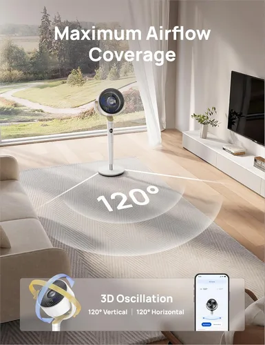 Vista 7 de Dreo Ventilador Inteligente para Dormitorio, Ventiladores Oscilantes Omnidireccionales de 120° +120°, Ventilador de Pedestal Silencioso de 90 pies