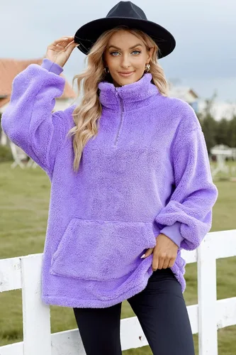 Vista 7 de Sudadera de forro polar mullido para mujer, con cierre de oso, cuello alto, de gran tamaño, con bolsillo