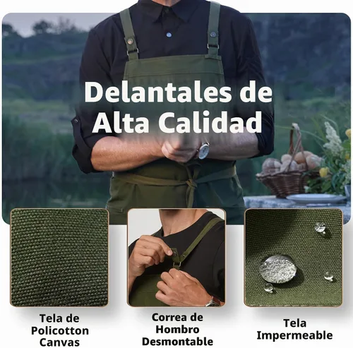 Vista 3 de Delantal con espalda cruzada Parrilla Cocina Jardinería con bolsillos 4251JC Verde militar