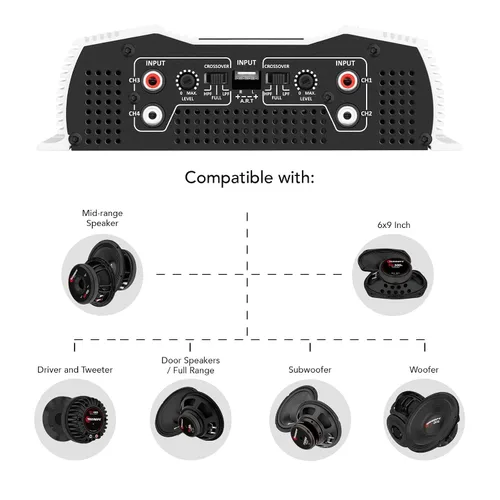 Vista 7 de Taramps DS 800x4 2 ohmios 800 vatios RMS, 4 canales 200x4 vatios RMS, Clase D, rango completo, paso alto/bajo cruzado fijo, puente, amplificador