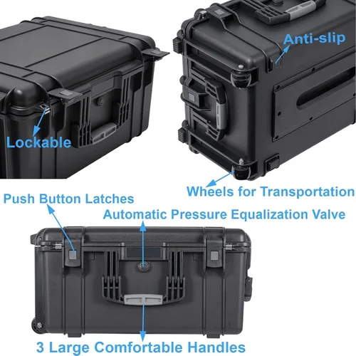 Vista 9 de Regetek Estuche rígido con ruedas con espuma, 26 x 20 x 13 pulgadas, funda para equipo con ruedas y 4 asas para cámara, dron, herramienta