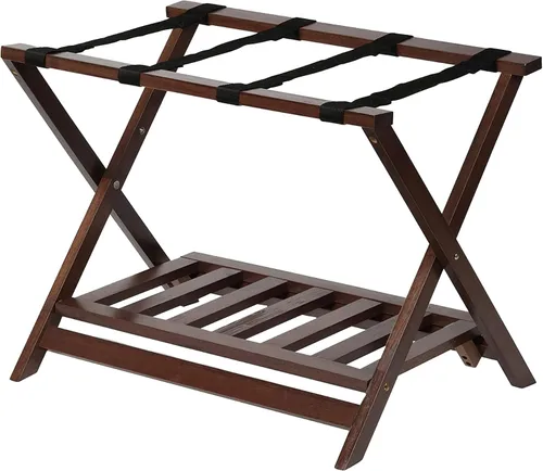 Vista 3 de PJ Wood Portaequipajes plegable de madera maciza estilo hotel portátil con estante inferior de almacenamiento de zapatos para invitados de casa