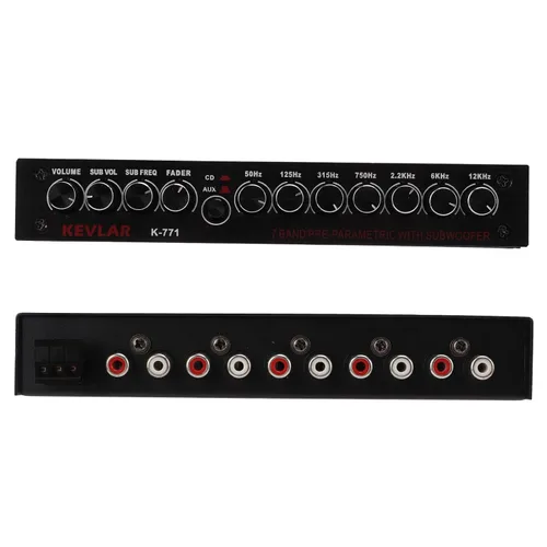 Vista 6 de Ecualizador gráfico de audio para automóvil de 7 bandas con filtro de paso bajo, entradas de alto nivel, salidas sub delanteras y traseras