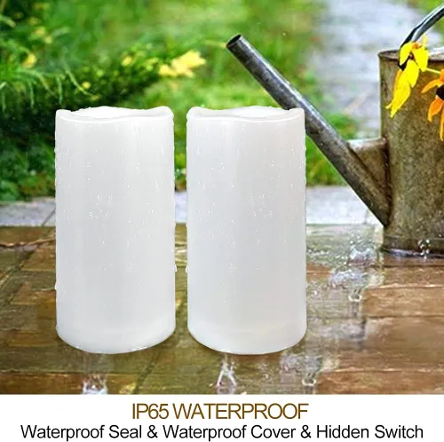 Vista 3 de Paquete de 2 velas LED blancas de 3 x 6 pulgadas para exteriores IP65 impermeables, velas de pilar alimentadas con temporizador y control remoto