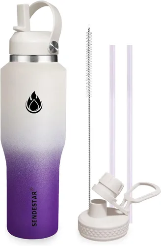 Vista 28 de SENDESTAR - Botella de agua de 0,9 L, 2 tapas (tapa con pajita), boca ancha de acero inoxidable aislada al vacío, doble pared, mantiene los líquidos