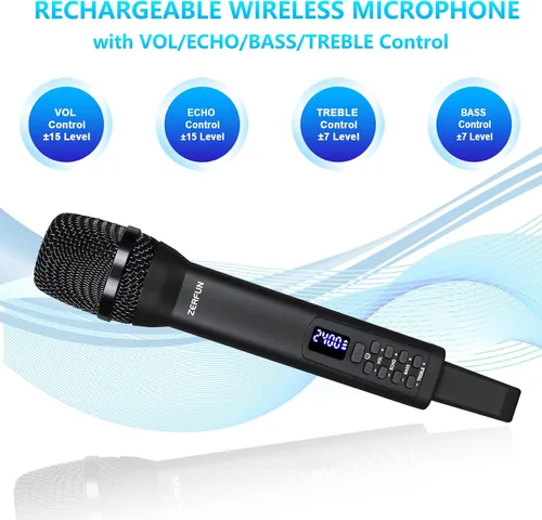 Vista 5 de Micrófono inalámbrico recargable, sistema de micrófono inalámbrico de mano profesional con control Echo Treble BASS VOL para karaoke, canto, Negro
