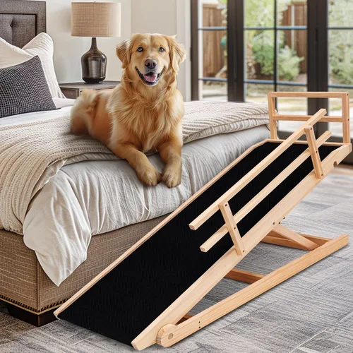 Vista 13 de Rampa para perros para cama, rampa de madera ajustable para mascotas de 46 Beige