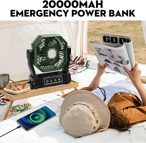Vista 7 de Multper Ventilador portátil, ventilador de campamento de 20000 mAh con linterna LED y control remoto, ventilador recargable de 4 velocidades y 4