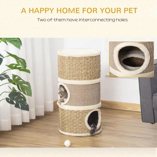 Vista 3 de PawHut Condominio para gatos de 28 pulgadas, escondite para gatos de 3 pisos con almohadilla de sisal, árbol pequeño en forma de barril para gatos