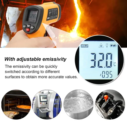 Vista 3 de Fafeicy Termómetro infrarrojo, temperatura digital con emisividad ajustable para uso industrial