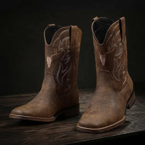 Vista 3 de Cowboy Boots for Men Square Toe Western Boots Retro Classic Embroidered Pull On Boot Marrón