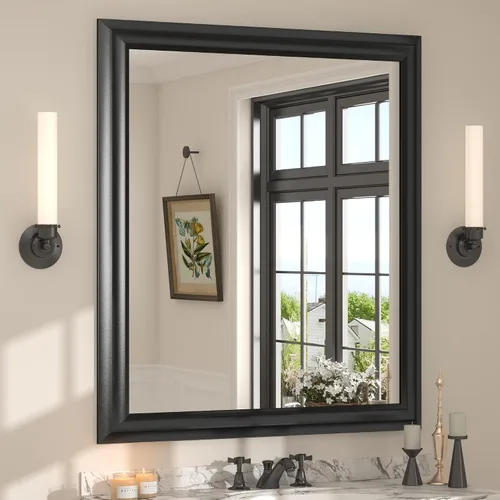 Vista 142 de Paquete de 2 espejos de baño con marco de metal negro de 22 x 30 pulgadas, espejo rectangular redondeado negro mate, antioxidante, se cuelga