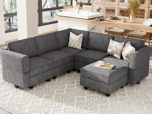 Vista 22 de Belffin Sofá seccional modular de tela en forma de U Sofá seccional doble diván Sofá otomano convertible con almacenamiento negro
