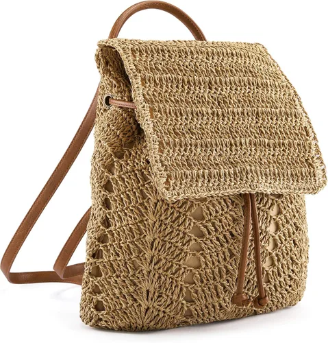Vista 4 de Ayliss Bolso de mano de paja para mujer, bolso de hombro de verano, tejido a mano, bolso de mano para playa, bolsa de hobo, Caqui, S