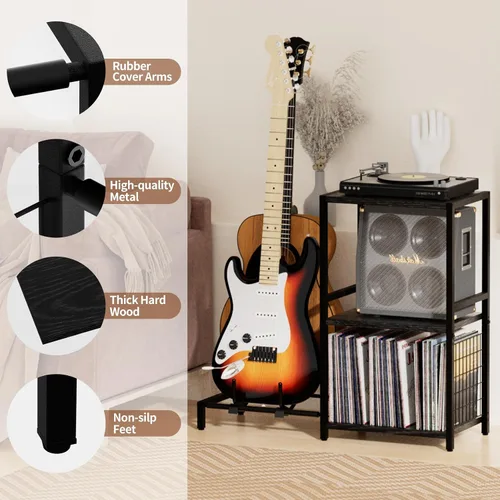 Vista 5 de YAKANJ Mesa Auxiliar con Soporte para Guitarra, Soporte para Tocadiscos, Almacenamiento para Discos de Vinilo, Soporte de 2 Niveles para Guitarra