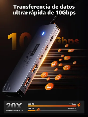 Vista 3 de QUUGE Concentrador USB-C, 2 USB-C y 2 USB-A de 10 Gbps, 100 W PD, cable de 3.3 ft para SSD