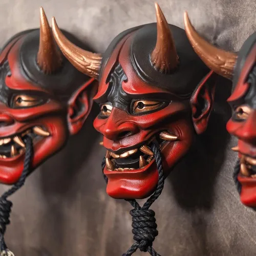 Vista 5 de Máscara de samurai japonés Oni Hannya para Halloween, máscara de demonio de media cara, NOH Kabuki Prajna Devil Half Face Mask Cosplay