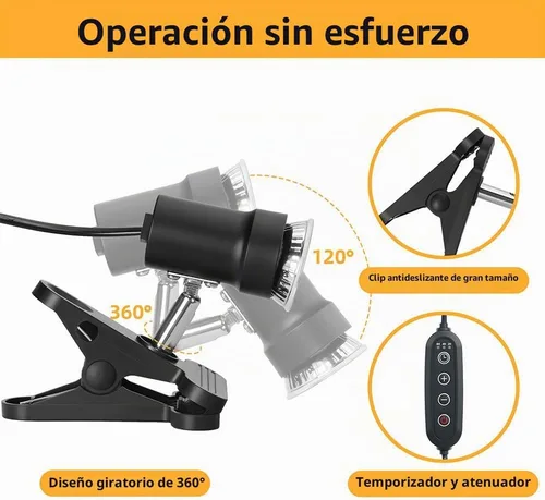 Vista 5 de Lámpara de calor para reptiles con abrazadera giratoria de 360° con bombilla de calor UVA UVB de 50 W, lámpara de calefacción de luz solar simulada