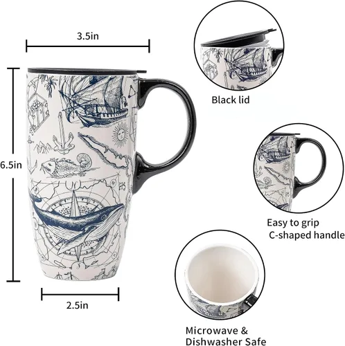 Vista 8 de Topadorn Taza de Café de Cerámica Taza de Viaje Regalo con Tapa de 17 onzas, Taza de Té Alta de Porcelana con Asa para el Hogar y la Oficina, Taza