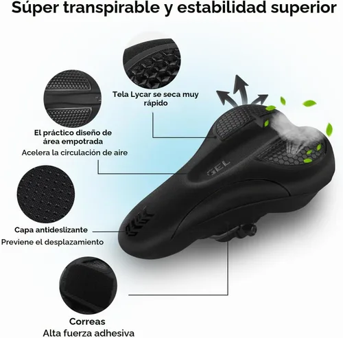 Vista 3 de Cojín de asiento de bicicleta – Funda de asiento de bicicleta de gel acolchada para hombres y mujeres, cómodo sillín de bicicleta suave compatible
