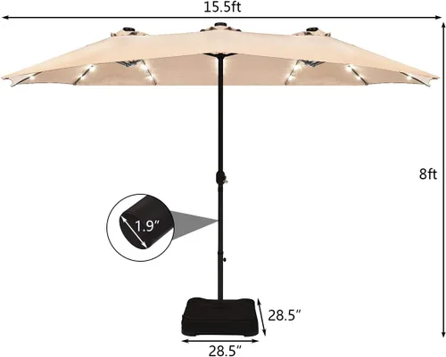Vista 5 de Tangkula Sombrilla solar de patio de 15 pies con base, sombrilla individual extragrande de doble cara para exteriores con 36 luces LED y manivela