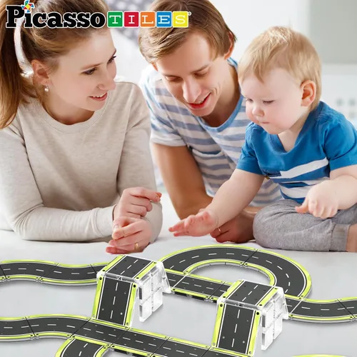 Vista 3 de PicassoTiles Azulejos Magnéticos de Construcción Pista de Autos Vehículo Magnético Tema de Aventura Calle Impresa Carretera Pista Autopista Bloque