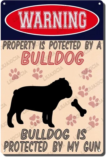 Vista 23 de LIUAXICIA Letreros divertidos de metal con texto en inglés "Warning Property is Potected by A American Bulldog is Protected by My Gun" The Coffee